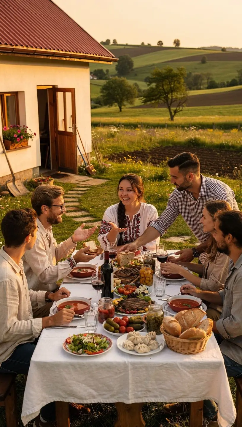 Scenic view of a European farm with guests participating in ecological activities surrounded by natural landscapes and traditional agricultural settings