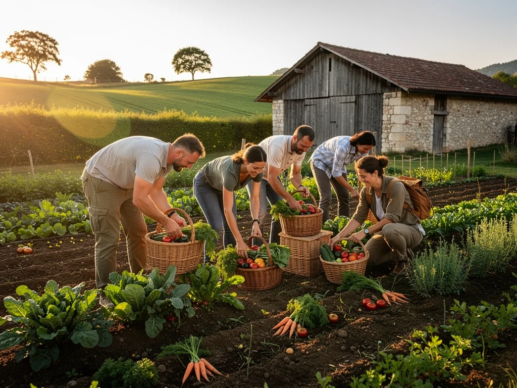 Guests participating in sustainable farming activities on a local organic farm.